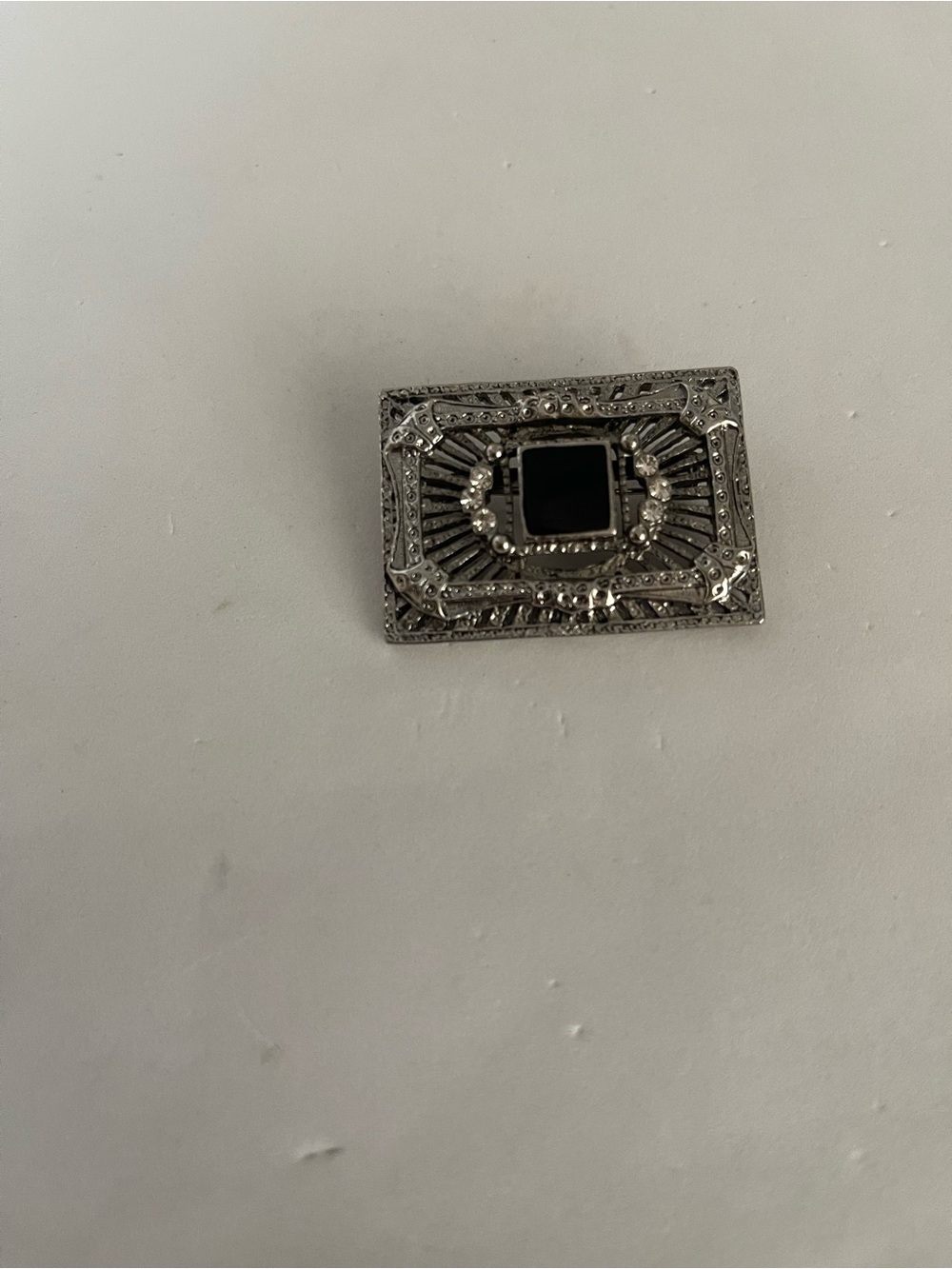 Vintage-Inspired 1980s Edwardian Rectangle Silver Tone Brooch with Black Center